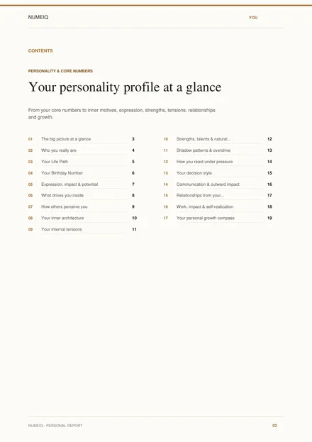Real preview pages from the NUMEIQ YOU demo report 2