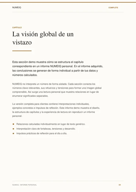 Páginas reales de vista previa del informe demo NUMEIQ COMPLETE 4