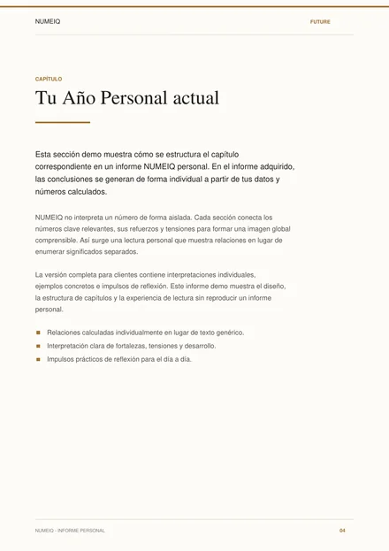 Páginas reales de vista previa del informe demo NUMEIQ FUTURE 4