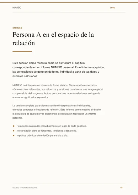 Páginas reales de vista previa del informe demo NUMEIQ LOVE 3