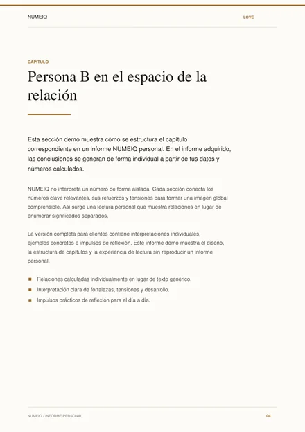 Páginas reales de vista previa del informe demo NUMEIQ LOVE 4