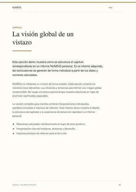 Páginas reales de vista previa del informe demo NUMEIQ YOU 3