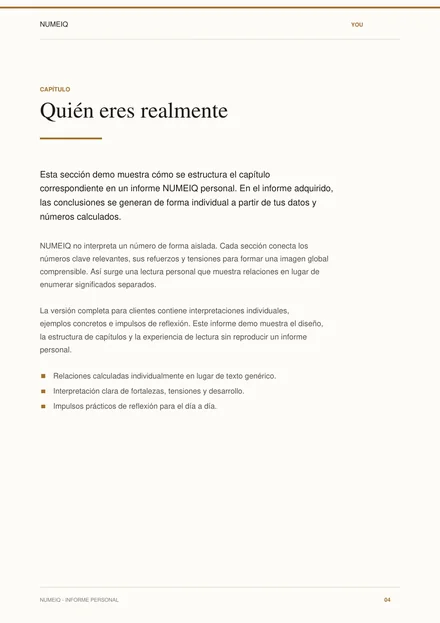 Páginas reales de vista previa del informe demo NUMEIQ YOU 4