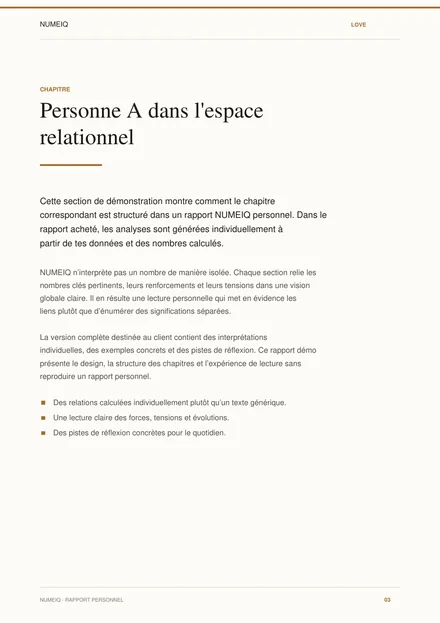 Vraies pages de prévisualisation du rapport démo NUMEIQ LOVE 3