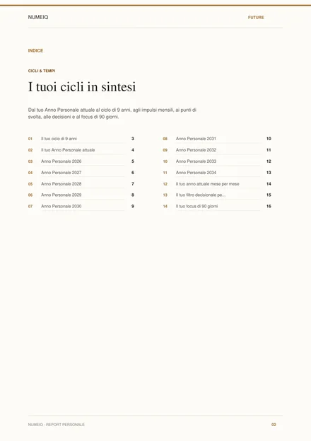 Pagine reali di anteprima del report demo NUMEIQ FUTURE 2