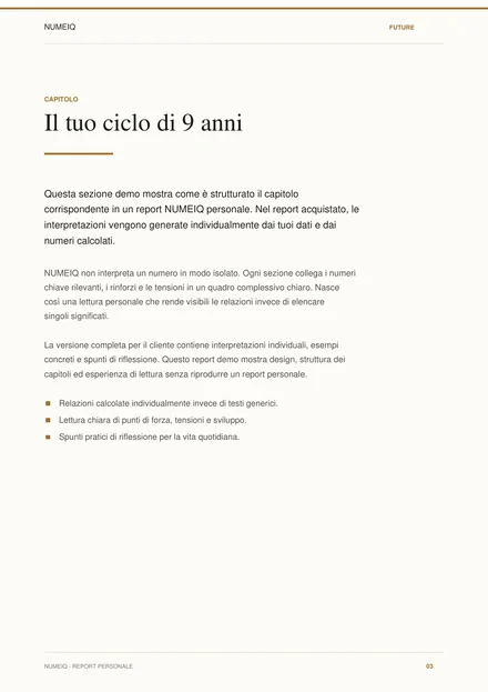 Pagine reali di anteprima del report demo NUMEIQ FUTURE 3