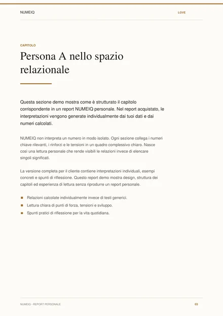 Pagine reali di anteprima del report demo NUMEIQ LOVE 3