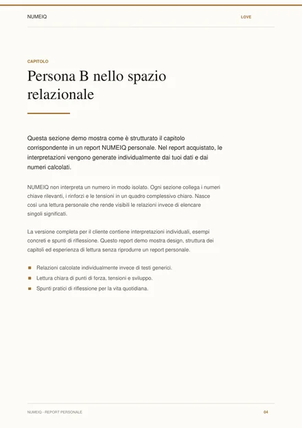 Pagine reali di anteprima del report demo NUMEIQ LOVE 4