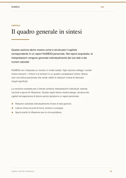 Pagine reali di anteprima del report demo NUMEIQ YOU 3