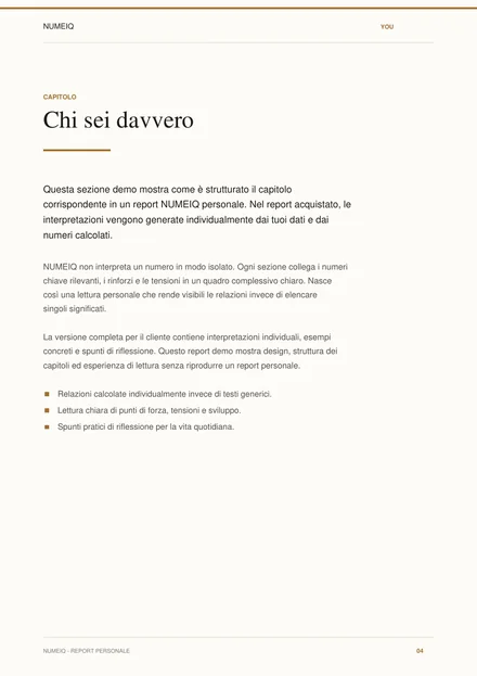 Pagine reali di anteprima del report demo NUMEIQ YOU 4