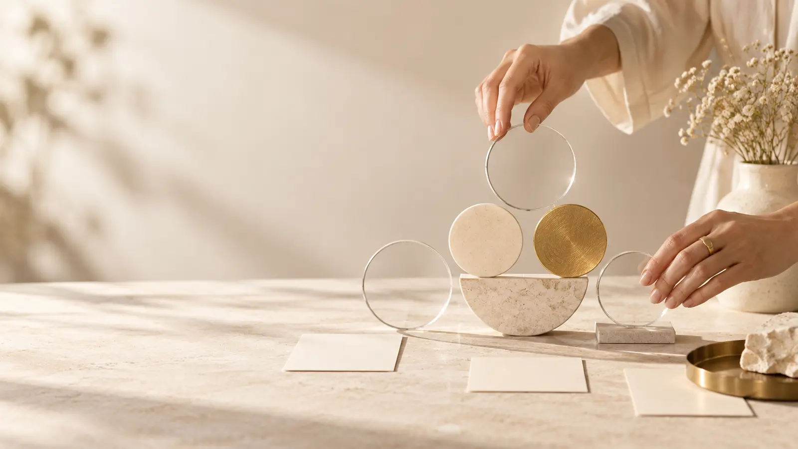 Hands balancing translucent and gold circles